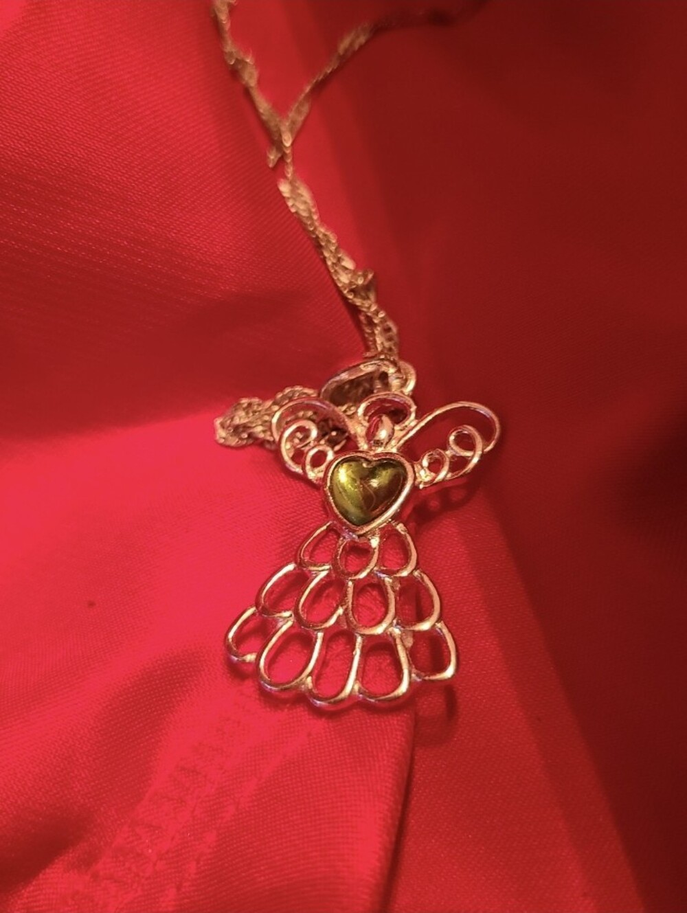 Vintage America Silver Angel Necklace with Green Heart